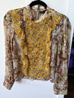Zara Yellow Eyelet Lace Ruffle Floral Print Blouse
